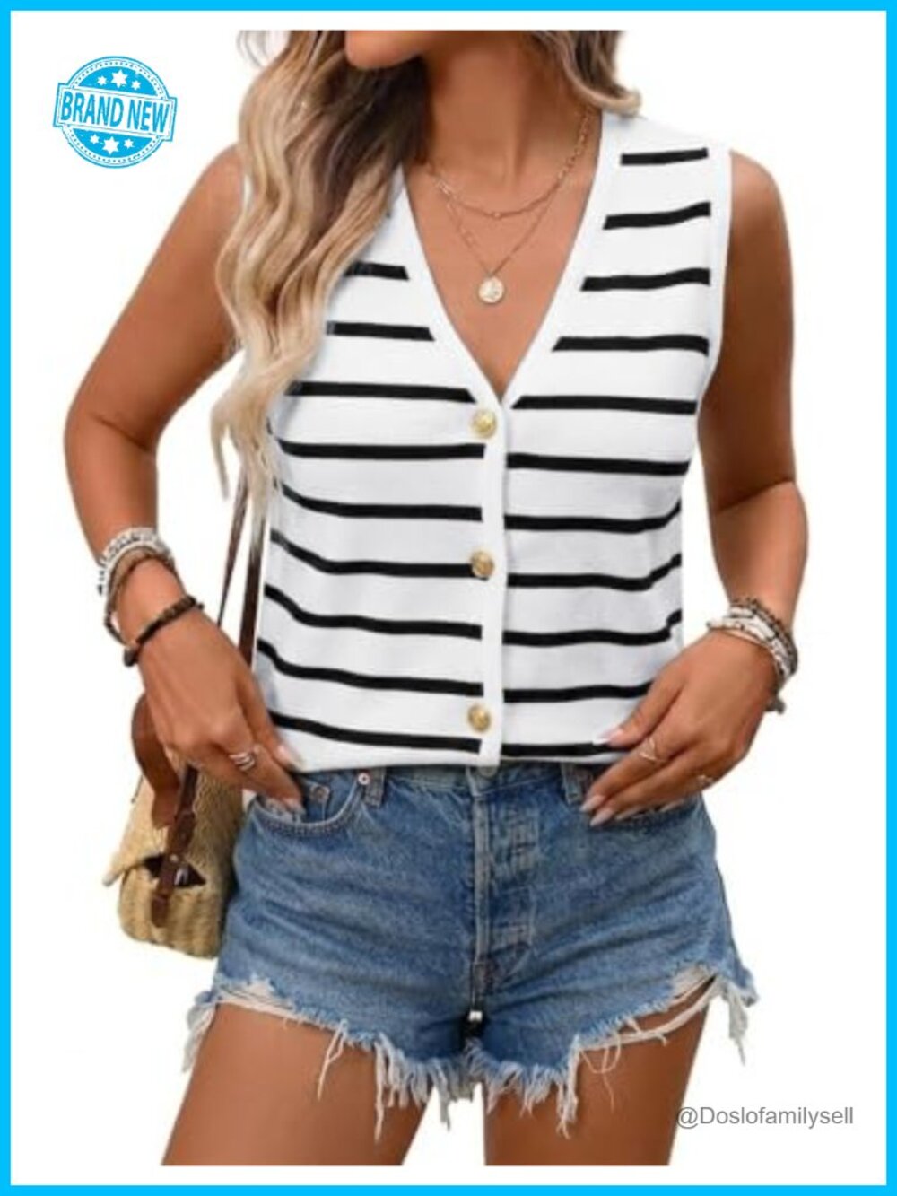 Striped Knit Sweater Vest V-Neck Button Up Sleeveless Top